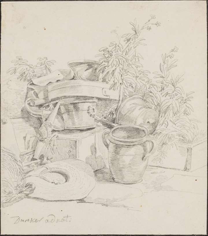 The Corner of a Terrace, with Flower Pots, Garden Tools and a Straw Hat